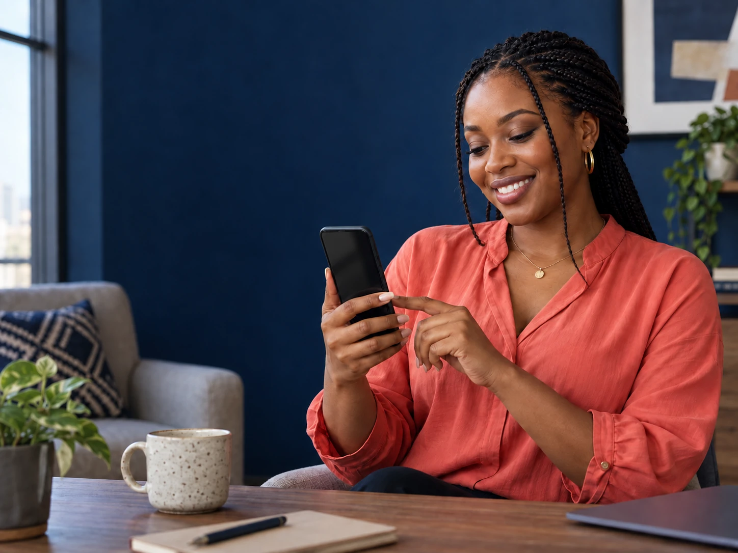 A buyer using her phone to review a deal